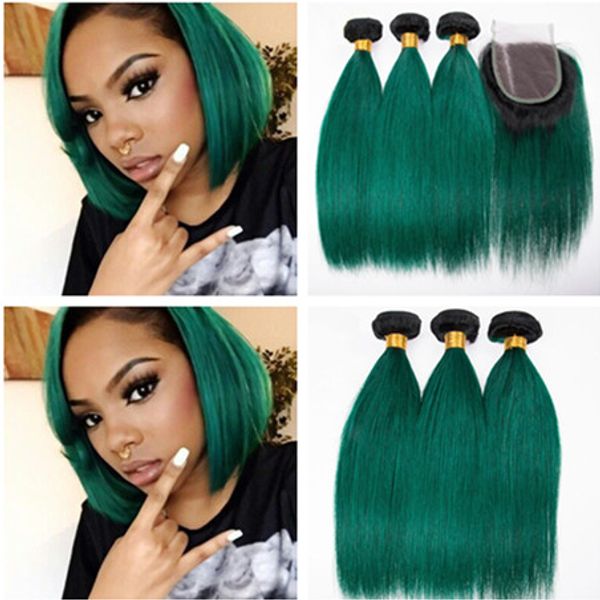 Dark Green Ombre Peruvian Human Hair Wefts With Top Closure