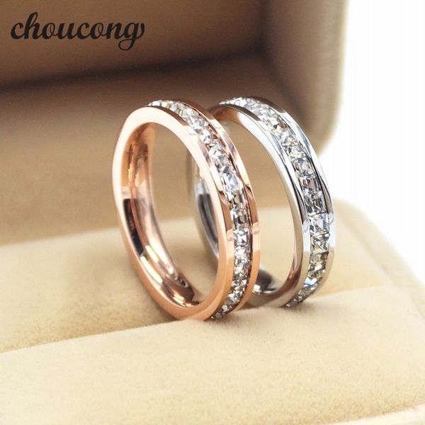 

choucong jewelry width 5mm couple band ring princess cut 5a cz crystal stainless steel party engagement wedding for women men, Slivery;golden