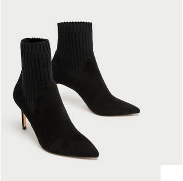 

european and american style women's patchwock socks shoes ankle boots pointed toes solid high heels women's dress shoes, Black