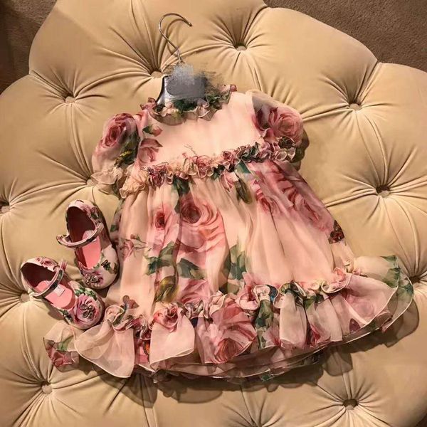

children wear spring summer princess ball gown rose floral printed dress party dresses fashion child girl dresses, Red;yellow