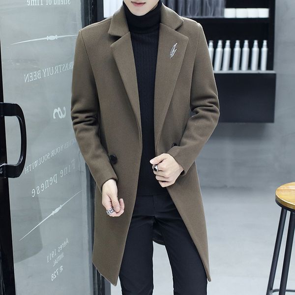 

woolen coat jacket men's long section korean version of the trend of young handsome slim autumn and winter woolen coat xd349, Black