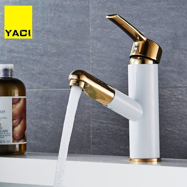

yaci basin mixer tap 360 degree rotate type basin faucet white and golden chrome finish bathroom faucets single hand bathroom