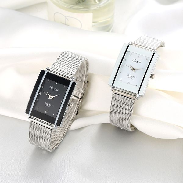 

wengle new 2018 lvpai fashion webbing steel strip slim diamond square glass mirror commerce ms quartz watch, Slivery;brown