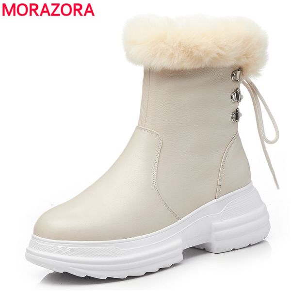 

morazora 2018 genuine leather snow boots round toe zipper lace up platform shoes wool women winter boots shoes, Black