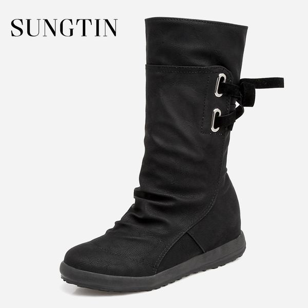 

sungtin autumn winter women casual boots lace-up mid-calf motorcycle boots ladies riding large size shoes black