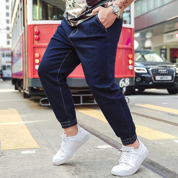 

2018 new fashion men's blue harem jeans washed feet casual denim pants hip hop 130kg men can wear elastic waist joggers pants