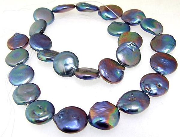 

coin freshwater pearl cultured pearls black color loose beads 13-14mm one full strand 15inches, White