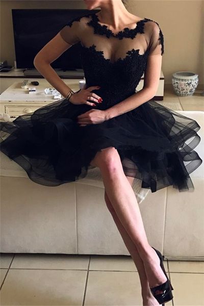 

2018 lace a line homecoming платья sheer коротких рукава тюль аппликация бисер многоуровневых оборки колена формальных партии коротких плать, Blue;pink
