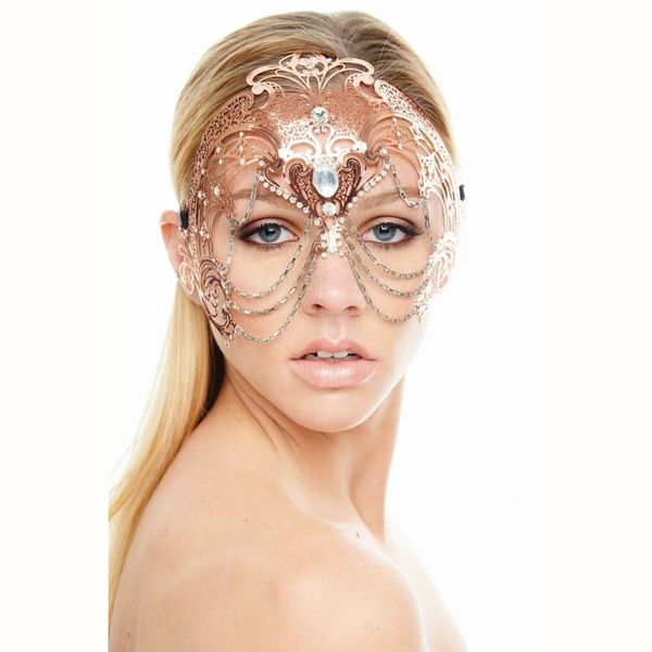 

Phantom Metal Laser Cut Silver Gold Wedding Party Mask Женщины Цепи Костюм Венецианская Филигрань Черный