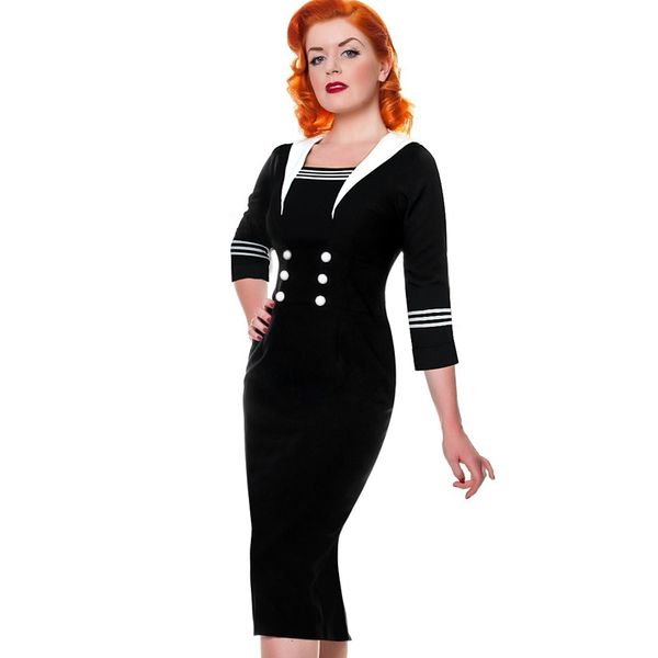 

lcw new fashion womens vintage nautical sailor navy button rockabilly square neck wear to work business casual party dress, White;black