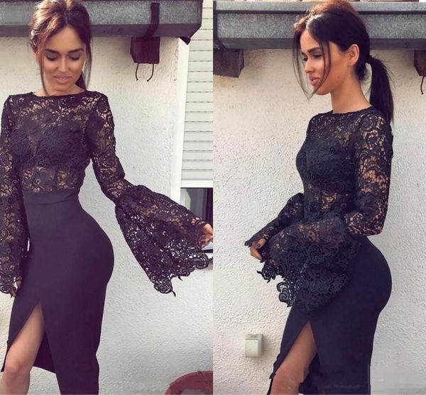 

little black cocktail dress long flare sleeve front split knee length sheath black lace party gowns custom size