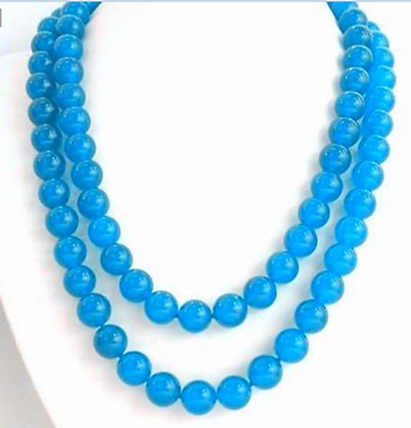 

long 50'' 8mm beautiful sea blue jade beads necklace, Silver