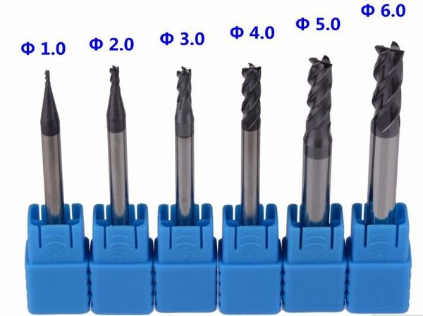 6 PCS HRC45 Quatro Flautas Metal Duro Frente Bits de Fresa CNC Fresa para Moagem De Aço 1-6mm
