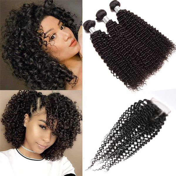 

brazilian unprocessed human hair kinky curly 3 bundles with 4x4 lace closure 4 pieces/lot 8-28inch bundles with 4 by 4 closure, Black;brown