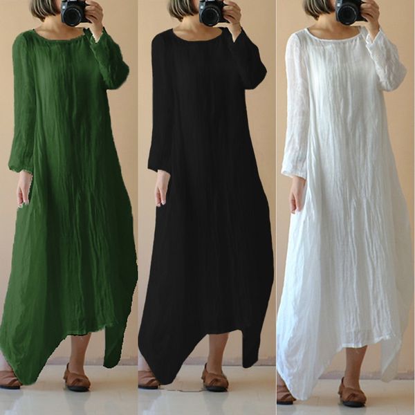 

s-4xl celmia 2018 summer autumn women vintage oversized vestidos o neck long sleeve cotton linen dress casual loose solid dress, White;black