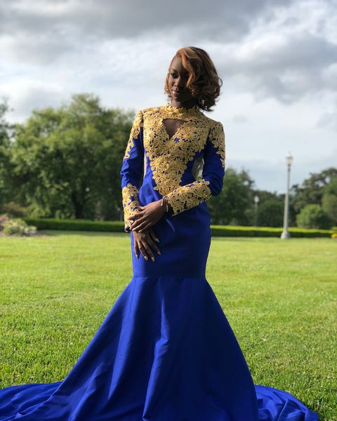 

royal blue 2019 new mermaid evening dresses jewel neck gold applique long sleeves formal prom dress evening wear abendkleider robes de bal, Black;red