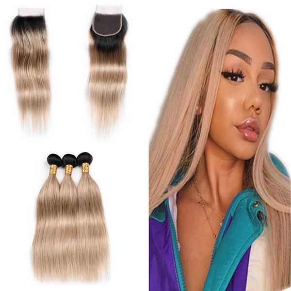 Dark Roots Ombre Color Straight Human Hair Weaves 1b 27 With Lace