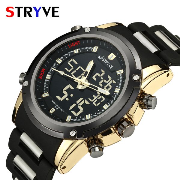 

relojes hombre 2018 mens watches stryve waterproof men sports dual display quartz digital watches male clock, Slivery;brown
