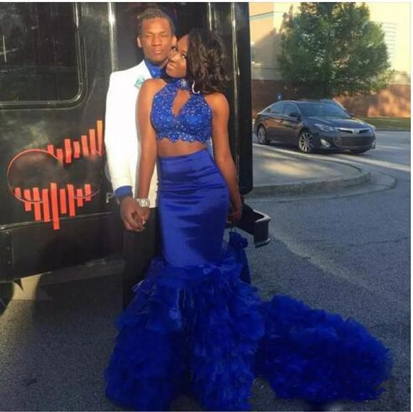 

Royal Blue Two Pieces Dresses Party Evening Wear High Neck Beads Lace Layered Mermaid Prom Dress Long Zipper Back Homecoming Dress