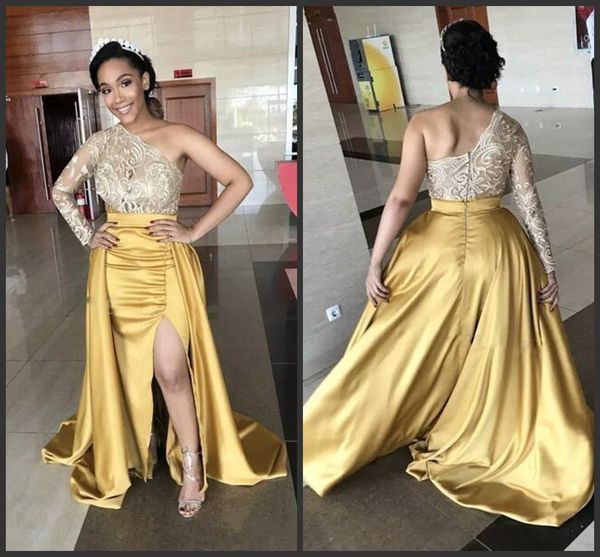 

2019 new one shoulder front split evening dresses lace satin skirt long sleeves prom dress long zipper back plus size formal party gowns, Black;red