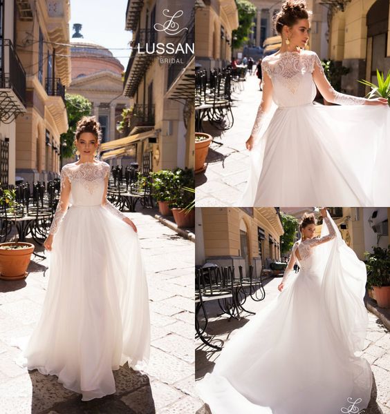 

lussano a line long sleeve wedding dresses bateau neck hollow back lace appliques sweep train beach wedding dress boho country bridal gowns, White