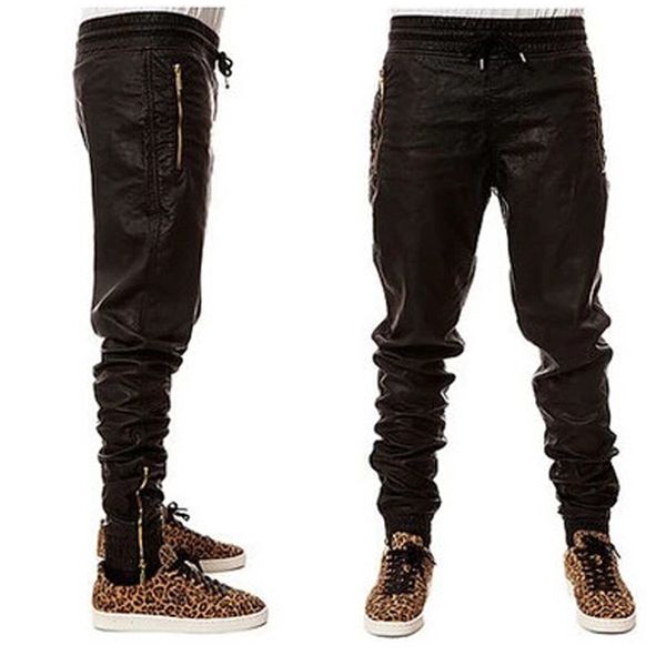 

man new west hip hop big snd tall fashion zippers jogers pant joggers dance urban clothing mens faux leather pants, Black