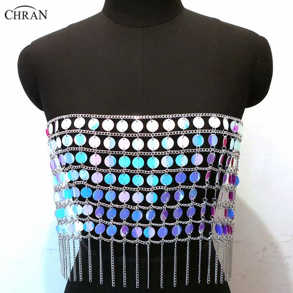 

chran sequins beads crop chain rave crystal choker necklace halter bra bralette bikini wear party festival body jewelry, Silver