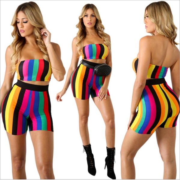 

women crop and shorts set rainbow colorful two piece outfits 2 pcs pants set strapless conjunto feminino cm210, White