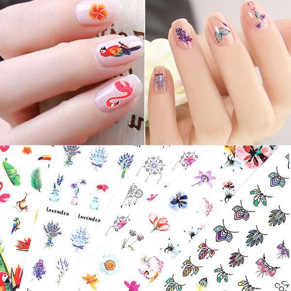 

6 designs/sheet nail polish sticker water decal flamingo flowers harajuku transfer decoration manicure tattoo tips, Black