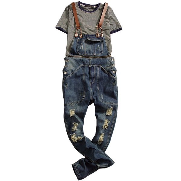 

moruancle fashion men's ripped denim bib overalls distressed jeans jumpsuits for man suspender pants suspender detachable, Blue