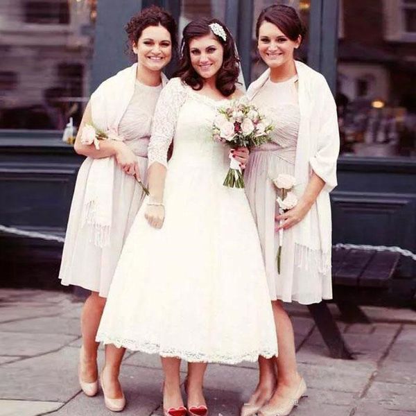 

short wedding dresses 2018 vintage scoop neck lace 3/4 long sleeves a line button back tea length country beach custom bridal gowns, White
