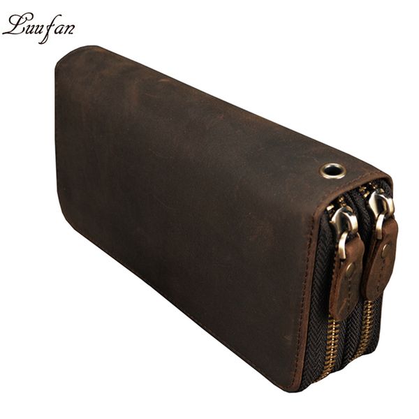 

Men Double zipper crazy horse leather long wallet 24 card holder Big Zip around genuine leather clutch purse phone coin pocket