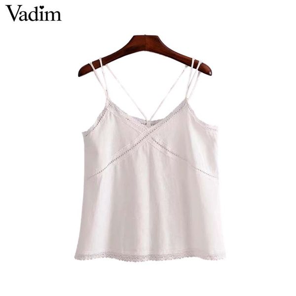 

vadim basic v neck lace patchwork camis spaghei straps sleeveless shirts female casual white chic blouse blusa wa082