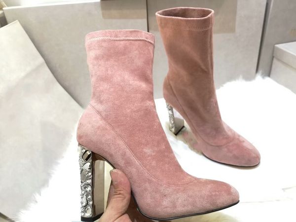 

2019 New Shinny Jewery Rhinestone Heel Boots Woman Stretch Faux Suede Short T Show Boot