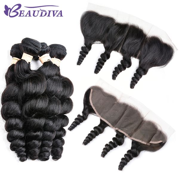 

beau diva 4 bundles loose wave with 13*4 lace closure unprocessed virgin human hair 100% malaysian hair weave with lace frontal in, Black;brown