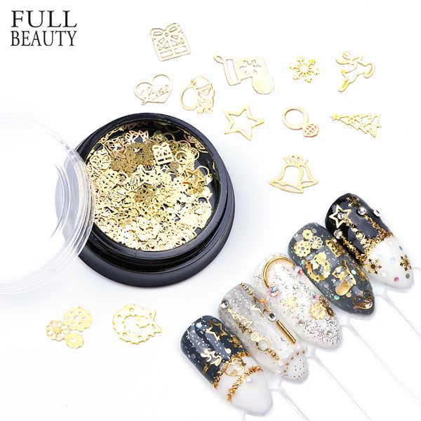 

1 box gold metal slices nail art christmas decoration snow flake flower star nail hollow studs stickers manicure accessory ch708, Silver;gold