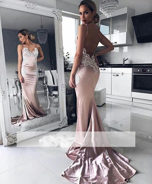 

Sexy Pink Mermaid Prom Dresses Spaghetti Straps Backless Evening Gowns Appliques Formal Party Wear Custom Made