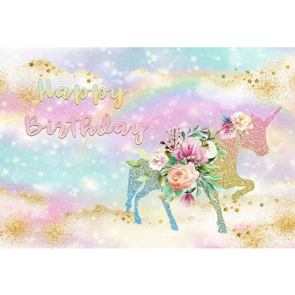 Sfondo colorato arcobaleno con stelle dorate, unicorno, fiori stampati, colore verde pastello, colore rosa, bambina, buon compleanno