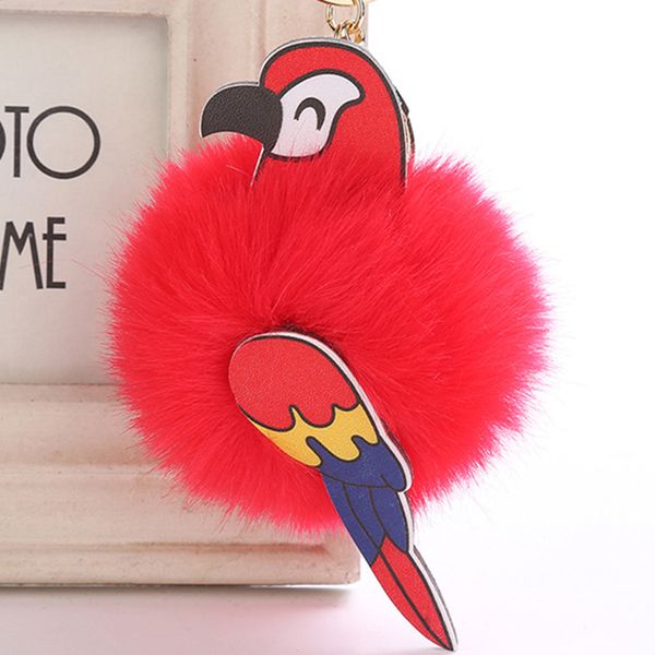 

7 Color 8 CM Parrot Rabbit Fur Pompom Keychain Fur Pompons Keyring Rhinestones Pearl Car/Bag Charm Fluffy Key Chain Porte Clef