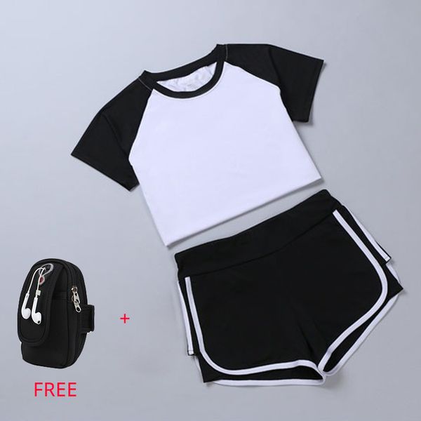 

2 in 1 running yoga suit sport t-shirt+shorts female breathable jogging set summer quick dry girls yoga suits phone bag, Black;blue