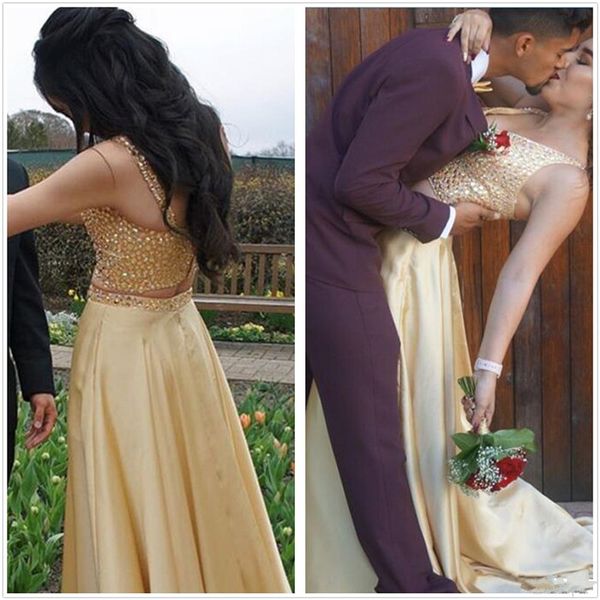 

2018 satin v neck two pieces a line long prom dresses sleeveless beaded stones floor length formal party evening dresses custom made, Black