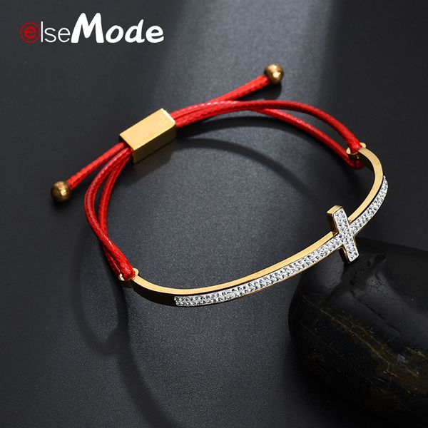 

elsemode любовь простой крест очарование красная строка регулируемый браслет с нержавеющей steelcubic цирконий для женщин мужчины ювелирные, Black