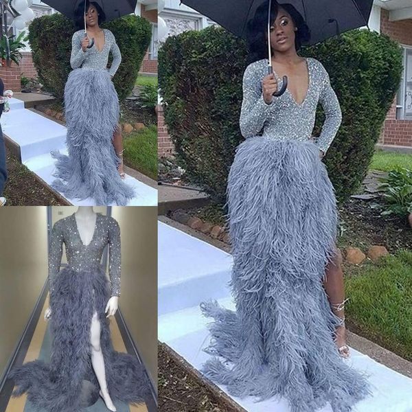 

luxury 2019 split feather prom dresses deep v neck long sleeve sequined beads formal dress evening wear sweep train party pageant gowns, Black