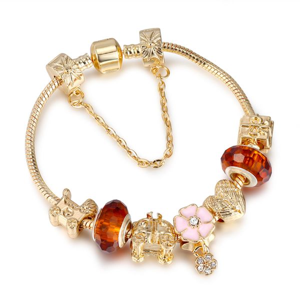 Moda jóias 18k banhado a ouro diy feminino charme pulseira na moda grandes contas de cristal pulseiras de cobre para mulher