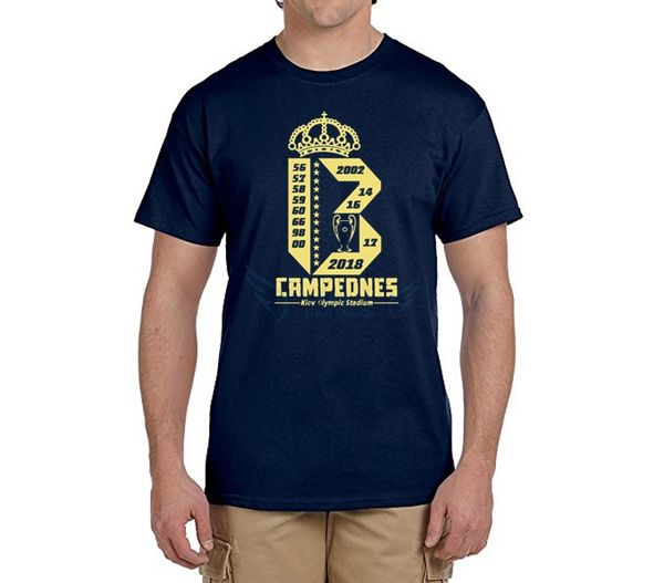 

2018 printed t-shirt 2018 real reys de europa short sleeve 13 champions hala madrid ronaldo bale zidane fans gift, White;black