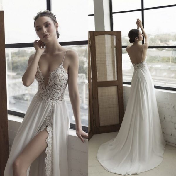 Julie Vino 2018 Strand-Split-Hochzeitskleider Bohemia Sexy rückenfreier Spaghetti-Ausschnitt Spitzenapplikation Brautkleider A-Linie Chiffon-Hochzeitskleid