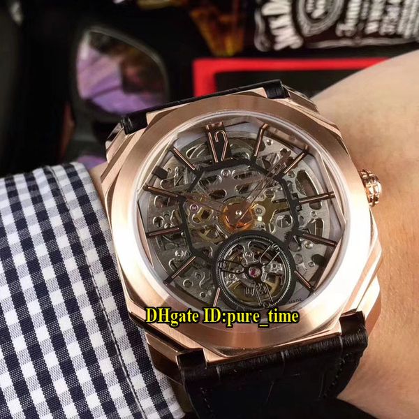 

5 color octo finissimo tourbillon 102469 black skeleton dial automatic mens watch 80h/28800 rose gold steel case leather strap gents wathes, Slivery;brown
