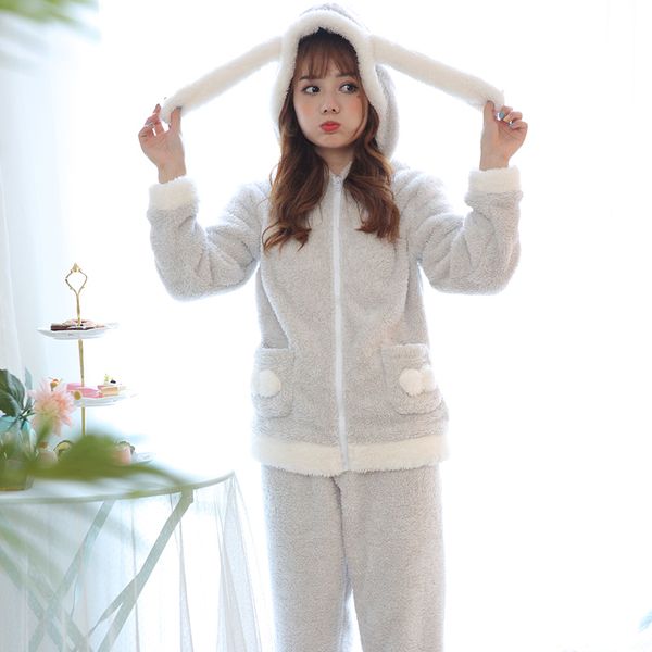 

flannel long sleeved pant women pajama sets cartoon animal hooded zipper warm flannel women's suit winter fashion sleepwear, Blue;gray