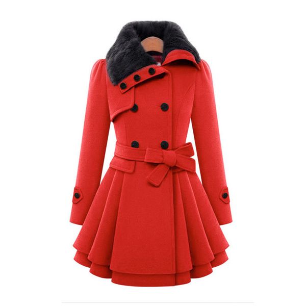 

wholesale-women wool blend trench overcoat winter turn-down collar long sleeve peacoat double breasted slim fit outwear plus size yf72, Black