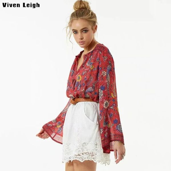 

viven leigh vintage blouse long flare sleeve buttons front women blouses shirts resorted floral print lovebird 2018 chic blusas, White
